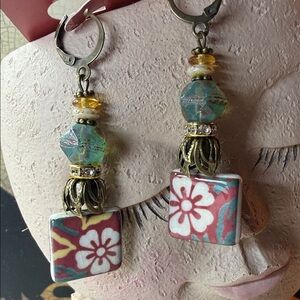 Floral ceramic Dangle Earrings with glass Gold Accents